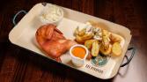 Chicken from our smokehouse, baked potatoes with bryndza, chabai sauce and coleslaw